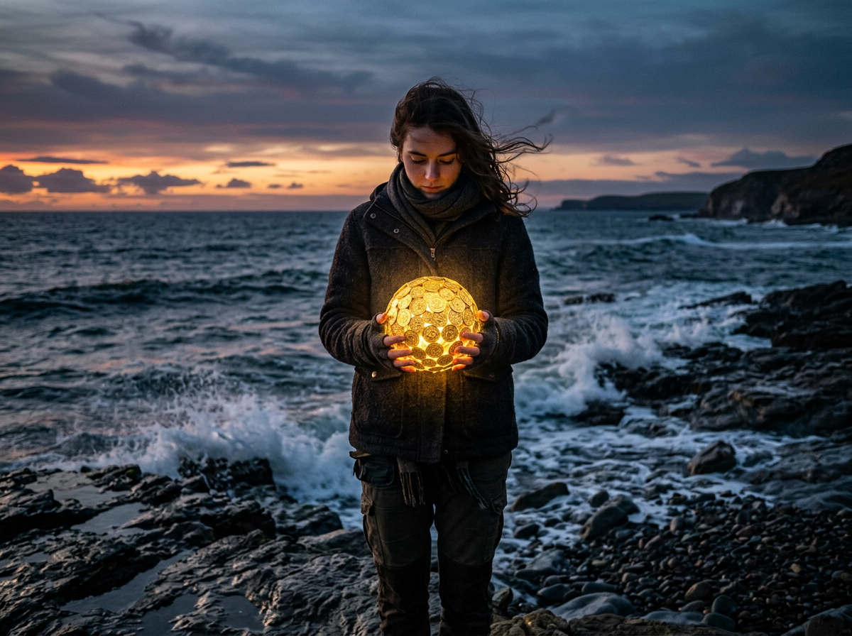 Person holding a glowing orb while standing on rocky coastline at sunset