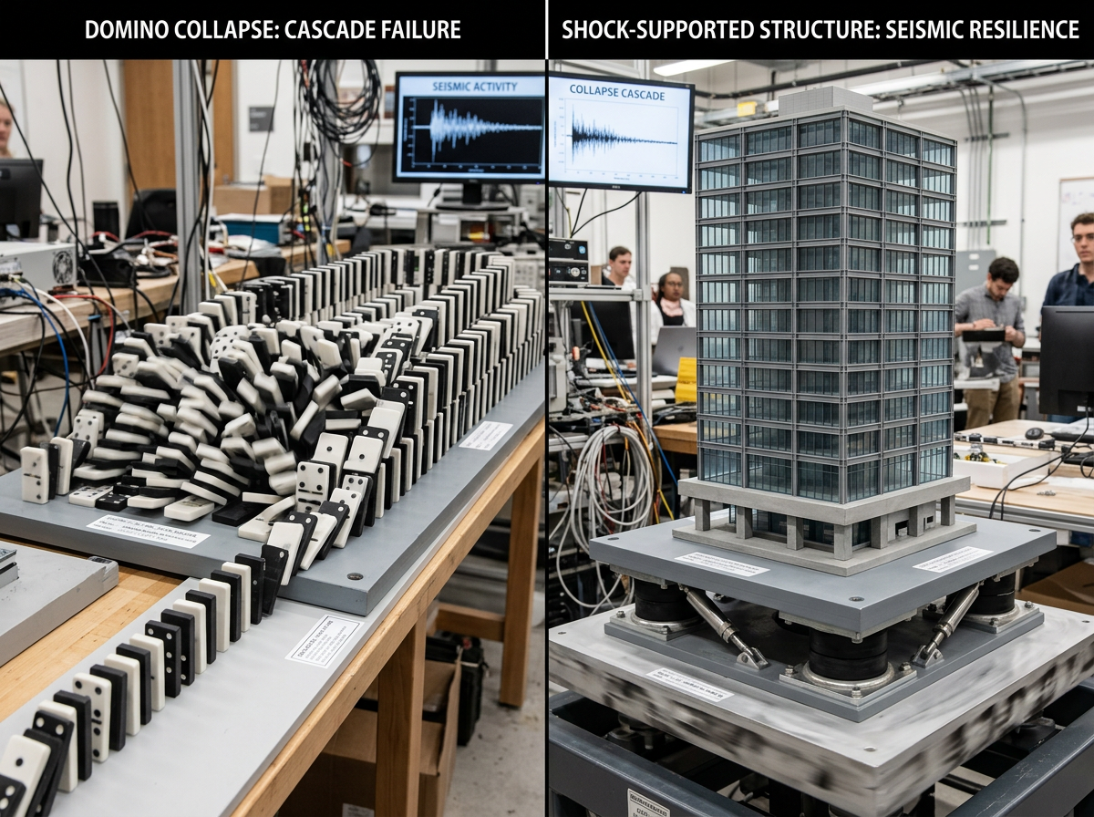 Dominoes falling in cascade failure and a model building on a seismic shaker table