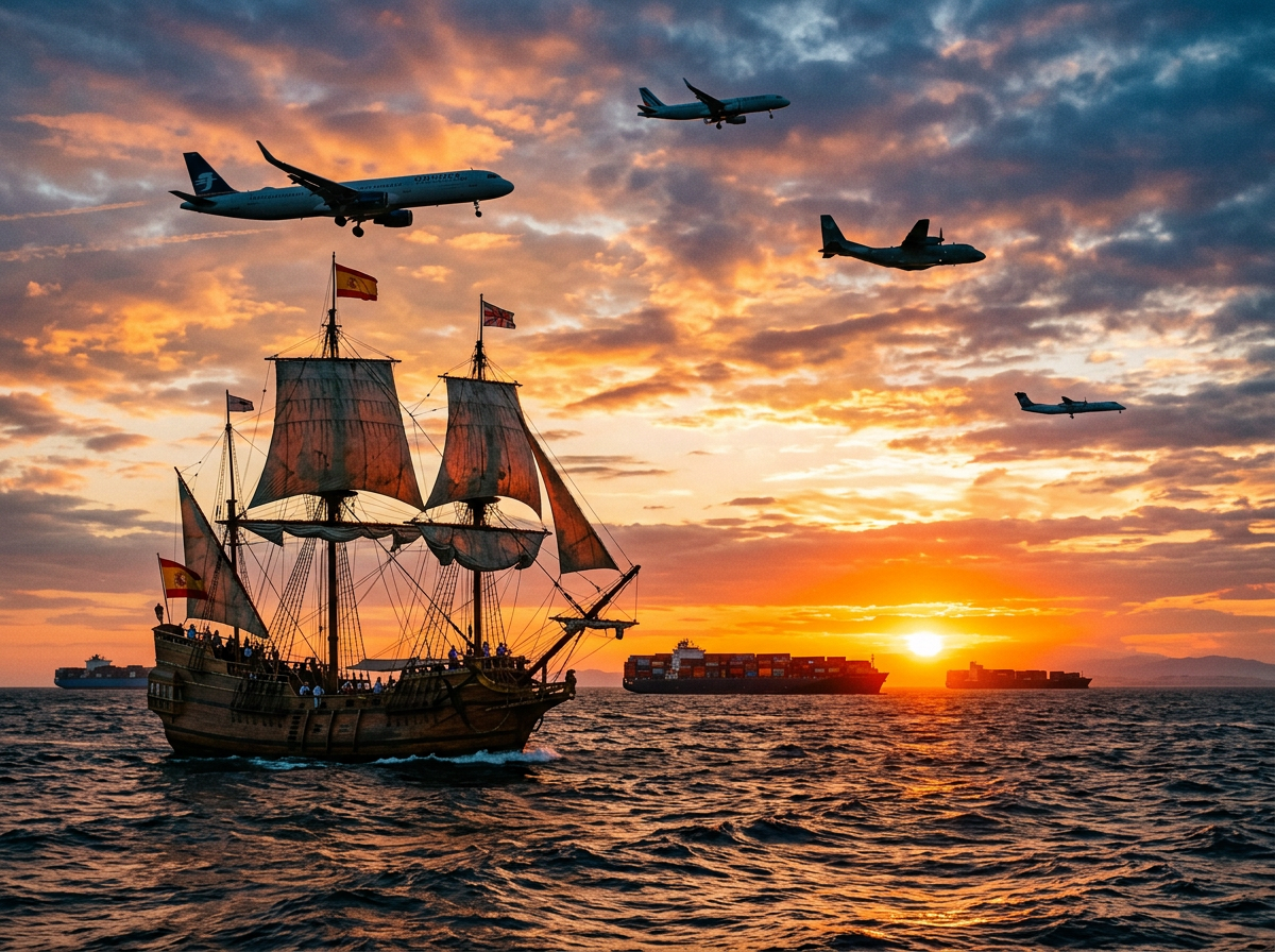 Old sailing ship with flags on ocean at sunset, modern airplanes and cargo ships in background