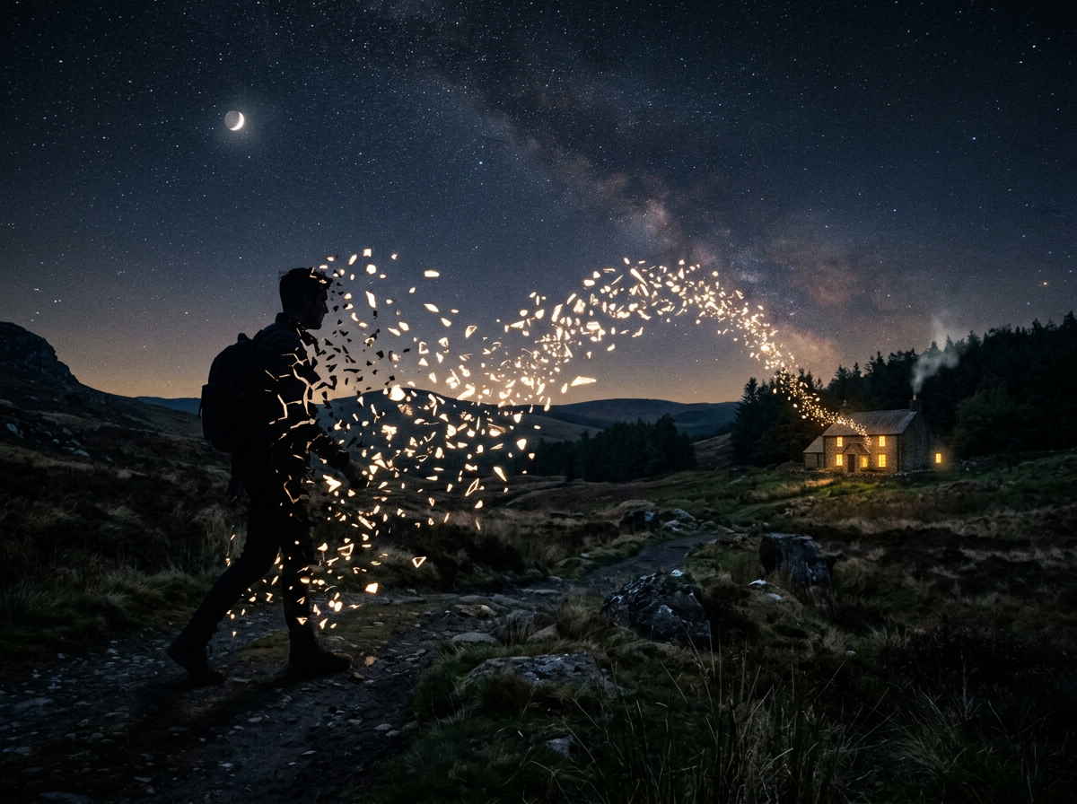 Person silhouette emitting glowing particles walking on a night trail toward a lit cabin under stars