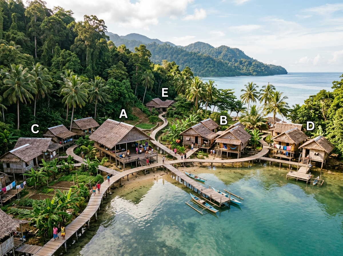 Coastal village with stilted huts labeled A to E connected by wooden walkways over shallow clear water