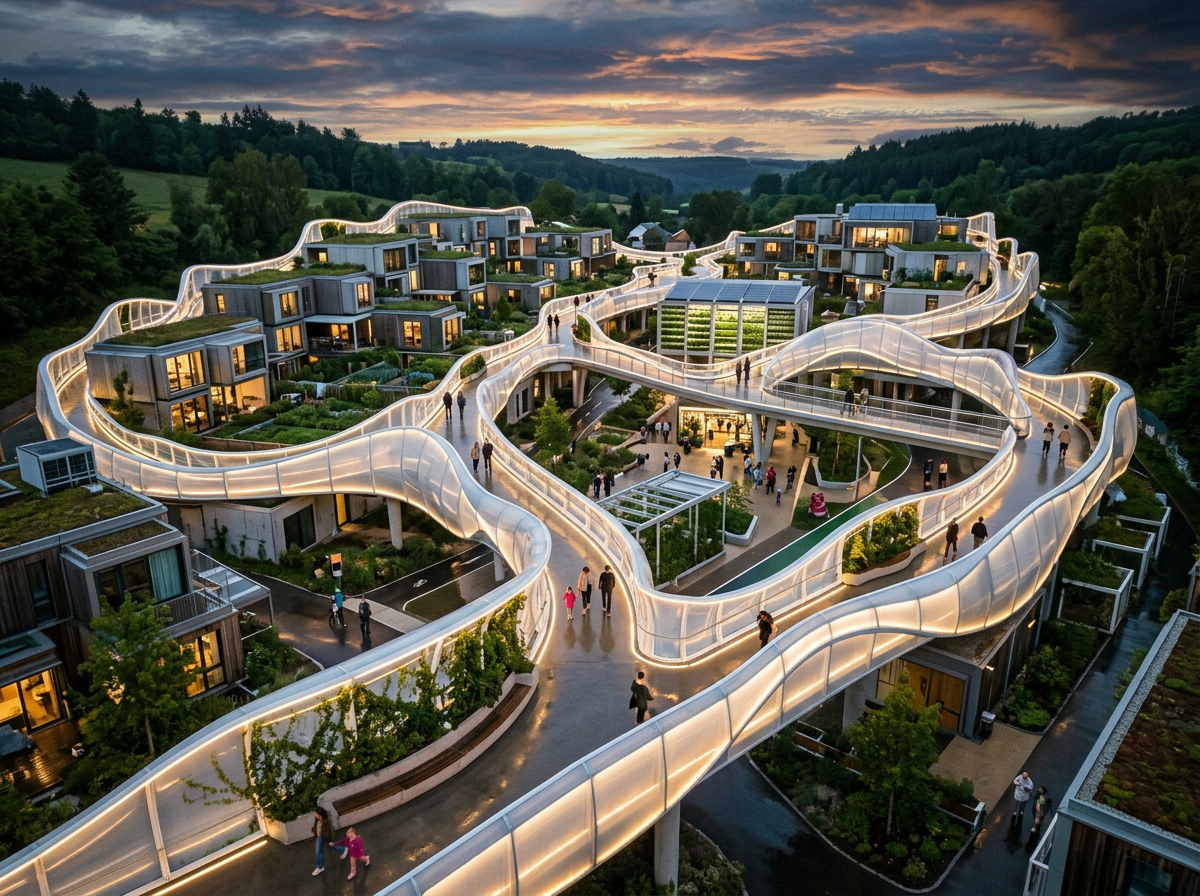 Elevated winding walkways with glowing lights over modern housing complex at sunset