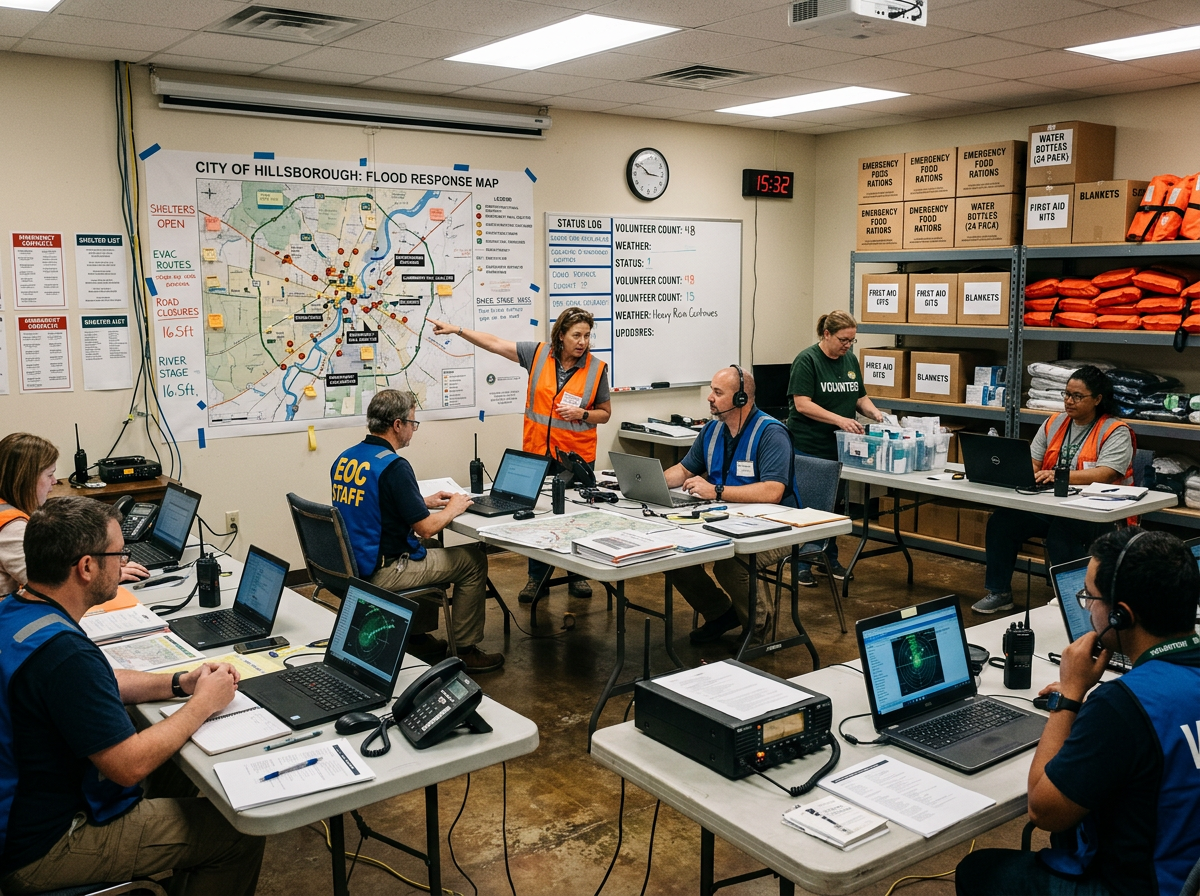 Staff coordinating flood response around a large map with laptops and radios
