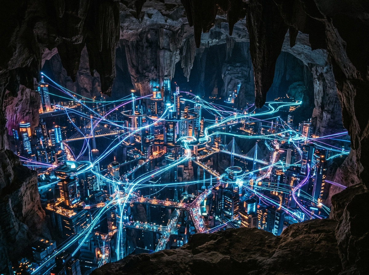 Futuristic cityscape with neon blue and purple light trails inside a dark cave