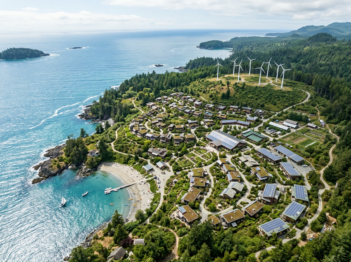 A coastal eco-village with houses, solar panels, wind turbines, forest, and a beach