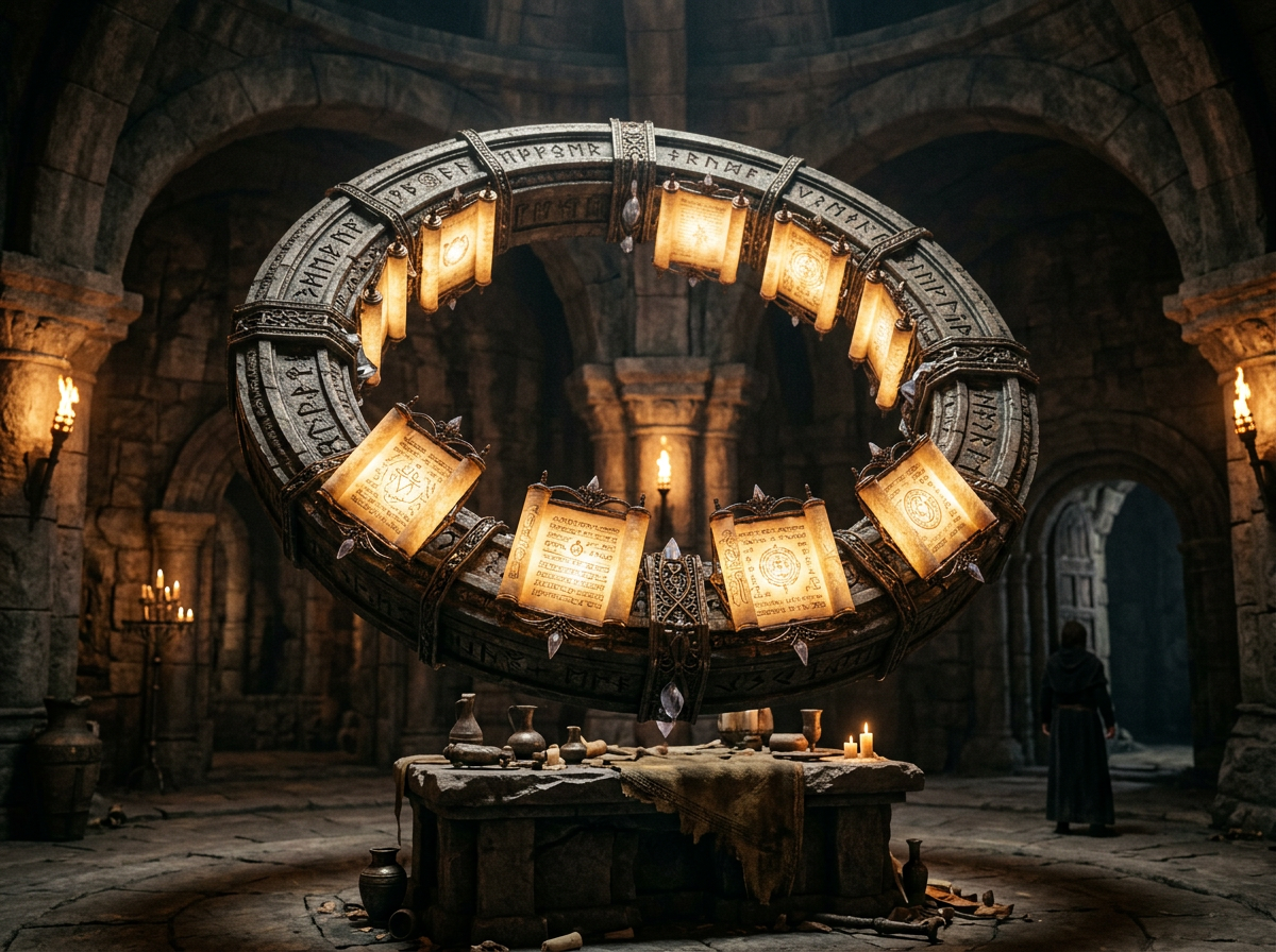 Ancient stone ring adorned with glowing magical scrolls hanging above altar in medieval stone chamber