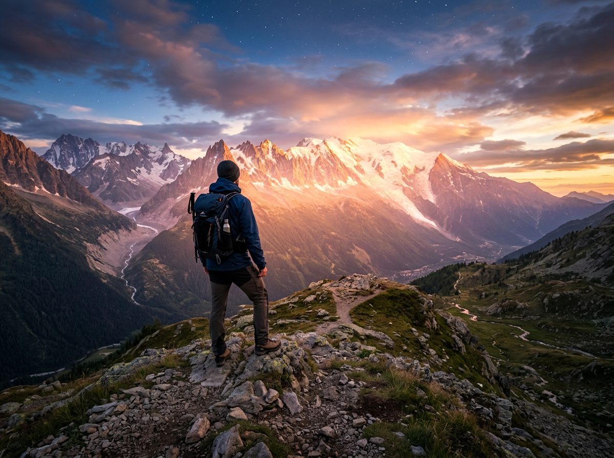 A hiker standing on rocky terrain looking at a sunlit mountain range at sunset