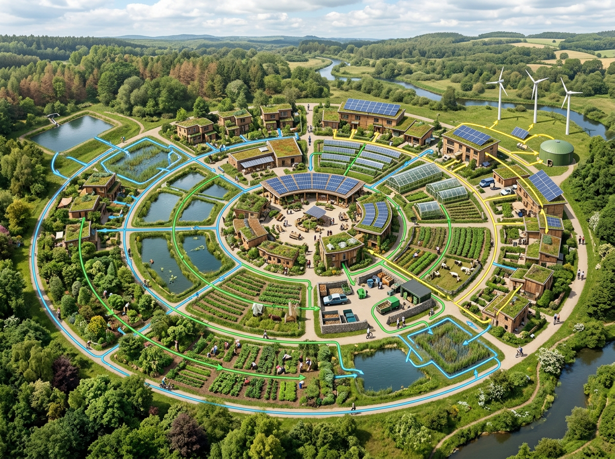 A circular eco-community design with solar panels, wind turbines, greenhouses, water recycling, and agricultural plots