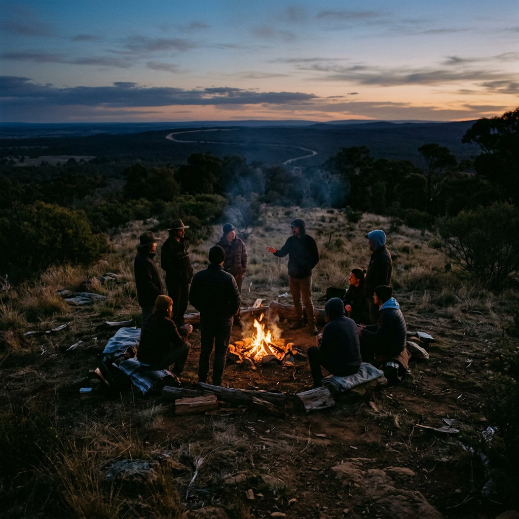 People sitting and standing around a campfire outdoors at dusk