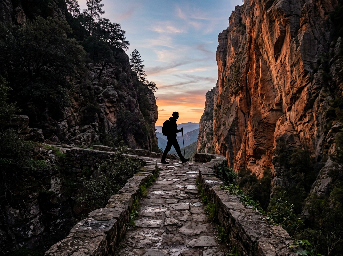 Hiker with backpack and walking stick on stone path in canyon at sunset
