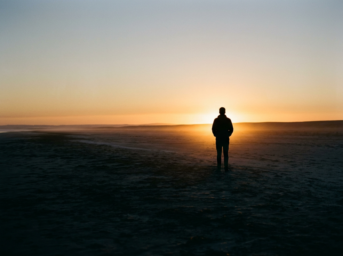 Silhouette of a person standing on a beach at sunset