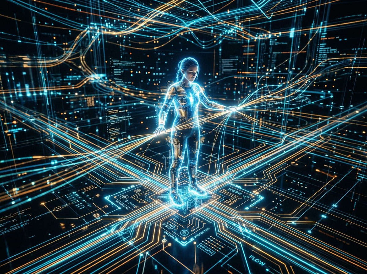 A digital avatar standing on a glowing network chip interacting with flowing blue and orange data streams
