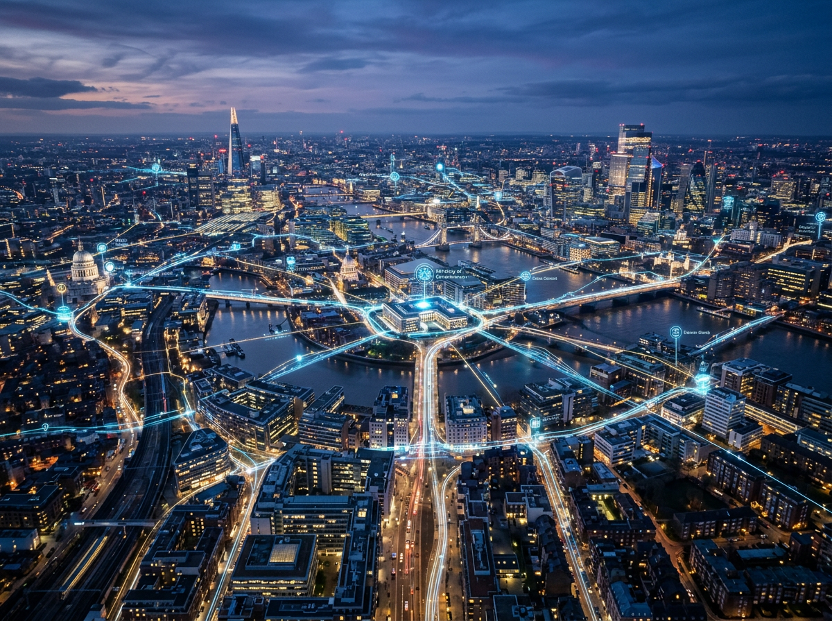 Aerial view of London at dusk with digital network lines connecting key locations.
