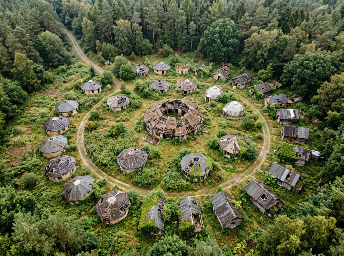 Abandoned circular village with decaying huts and overgrown vegetation