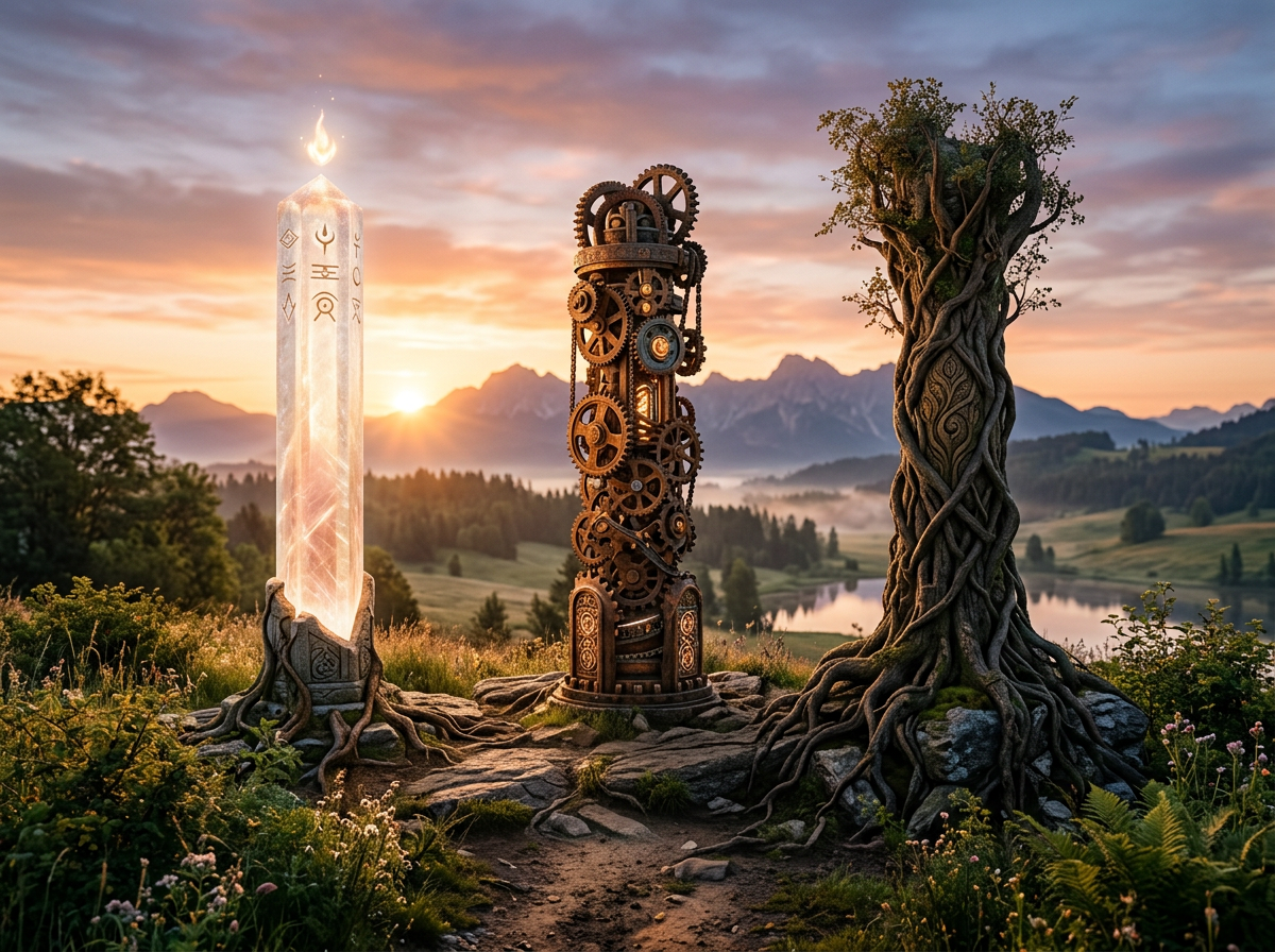 Three mystical pillars: glowing crystal with runes, intricate mechanical gears, and entwined tree roots
