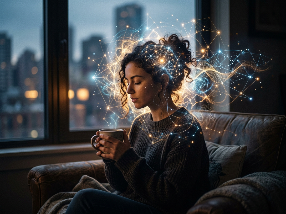 Woman holding a cup with neural network graphics around her head.