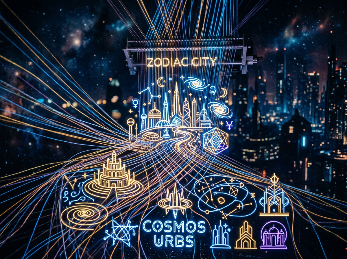 Neon outlines of a futuristic city named Zodiac City with cosmic symbols and pathways under a starry background