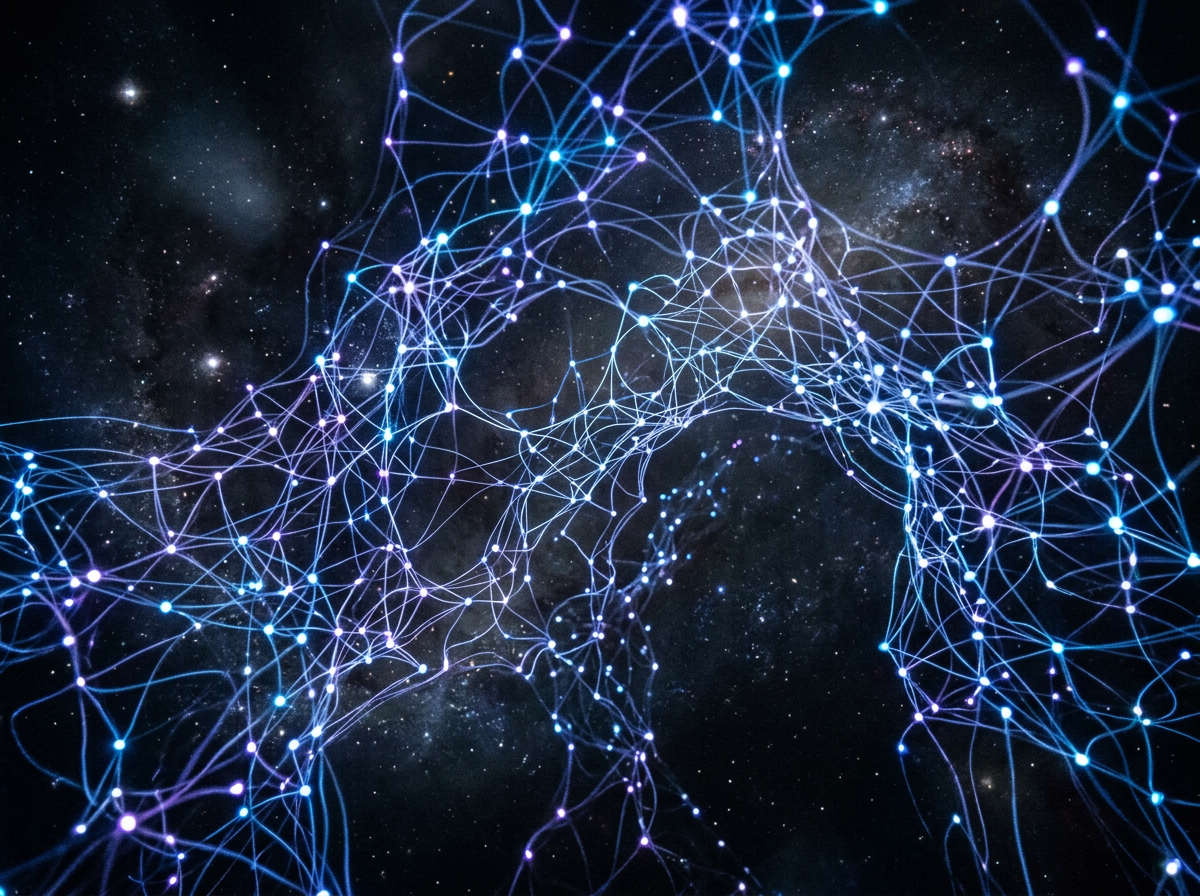 Glowing blue and purple neural network connections over a starry space background