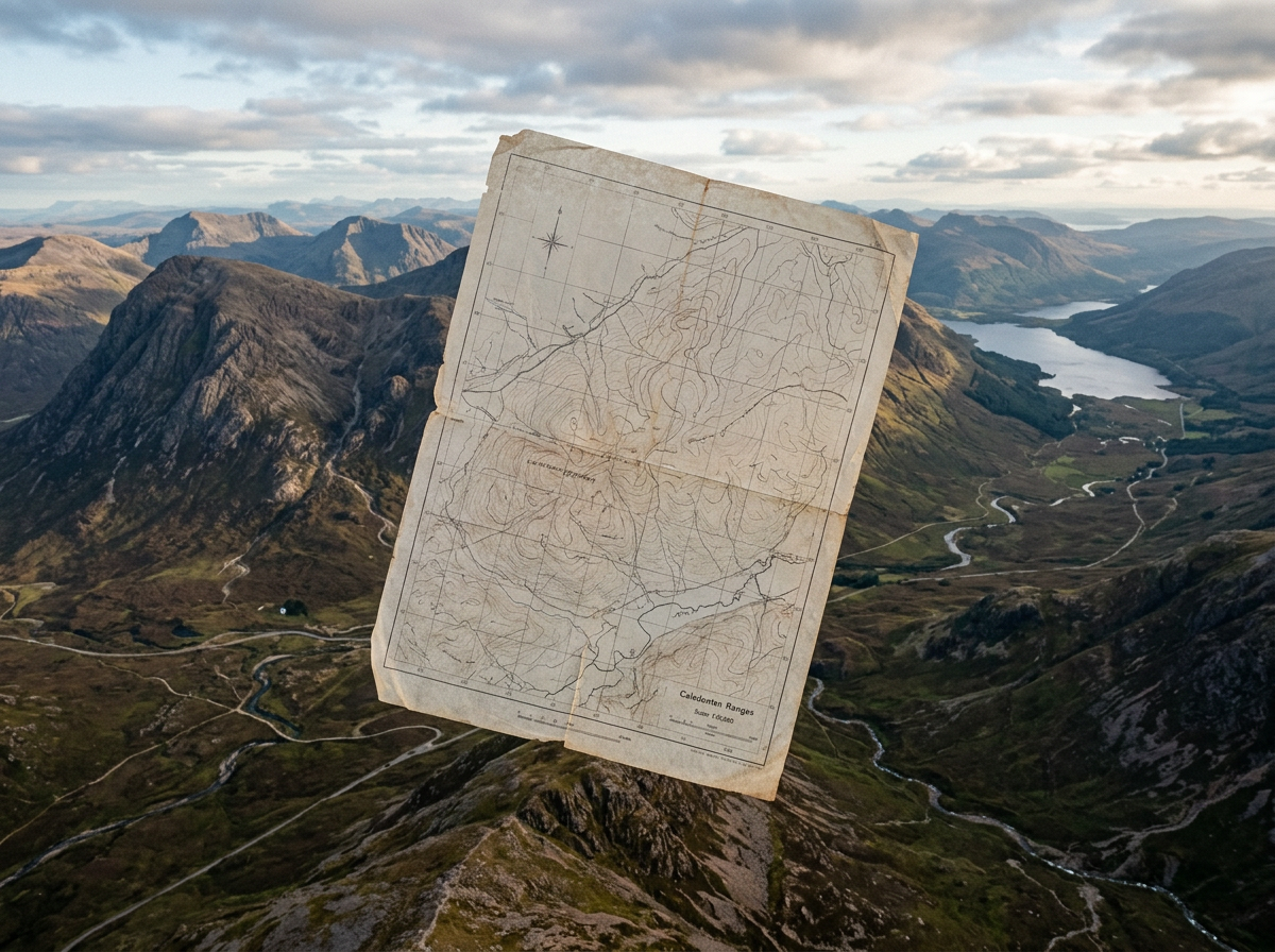 Topographic map of Caledenten Ranges on mountainous terrain background
