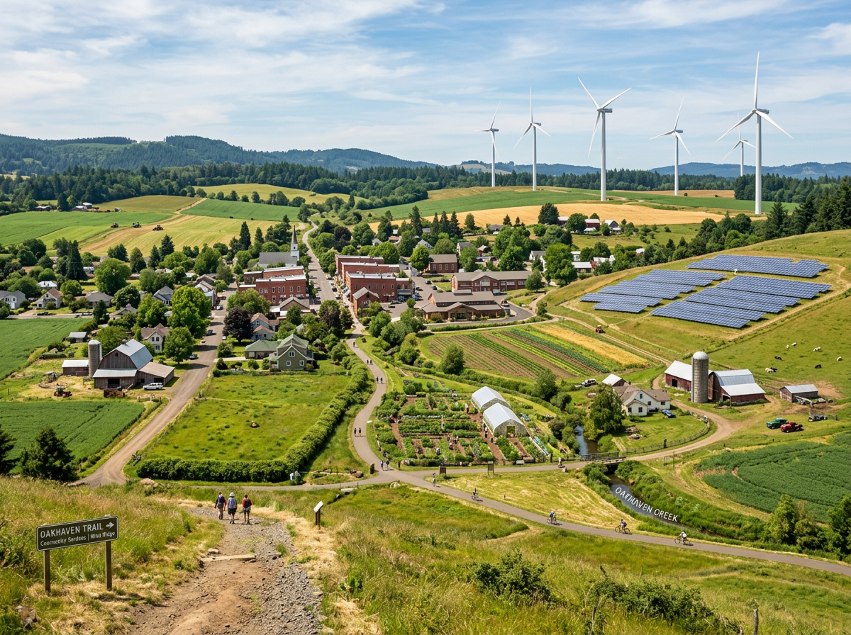 Rural town with wind turbines, solar panels, farms, and community gardens