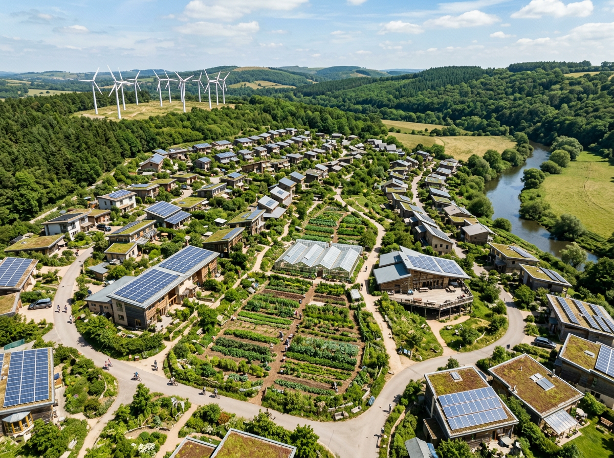 Aerial view of an eco-village with solar panels on houses, wind turbines, and community gardens