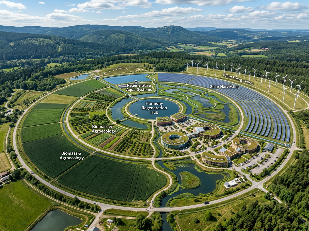 Aerial view of a circular eco-agriculture and renewable energy complex with labeled zones