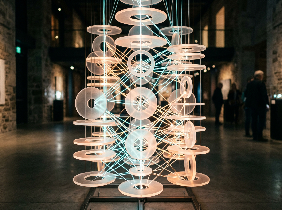 Contemporary art installation featuring suspended circular discs interconnected by glowing strands of light