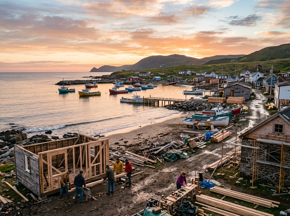 People constructing a wooden structure near a coastal village with boats in the water