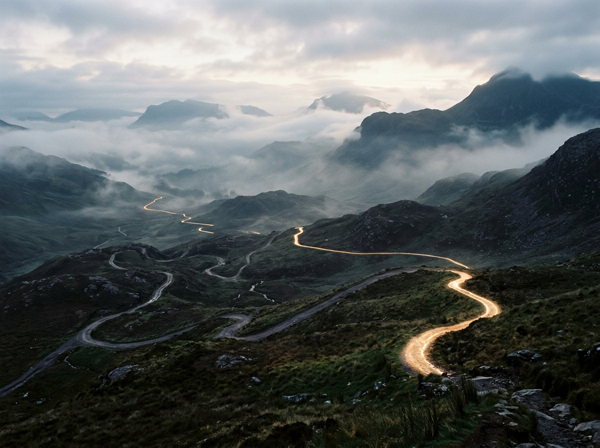 Curving mountain road illuminated by soft light winding through foggy mountainous landscape at dusk