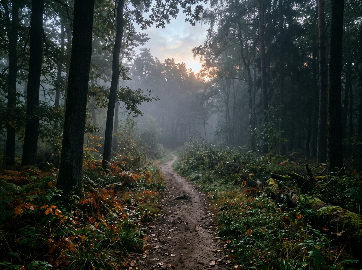 Winding dirt path through dense forest with mist and early morning light