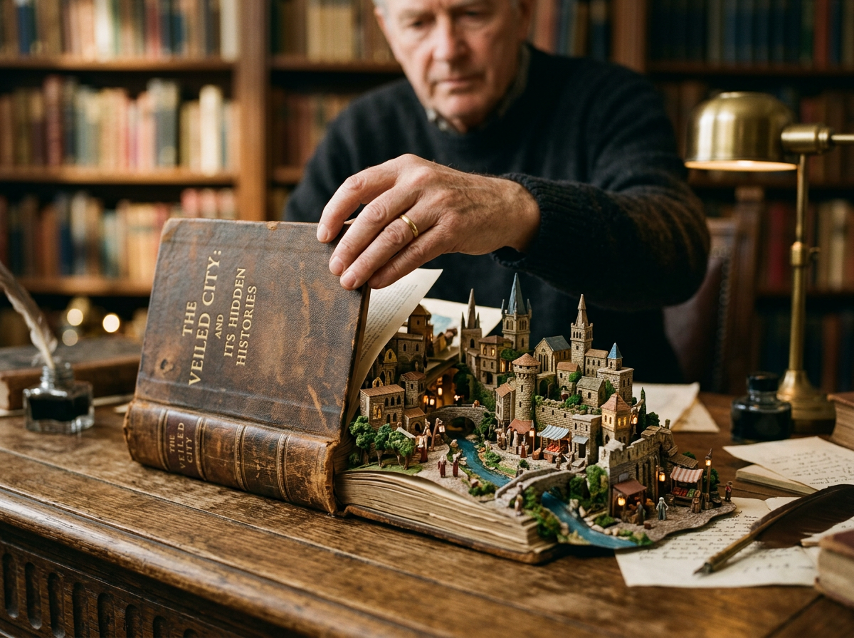 Miniature medieval city pop-up inside an antique book titled 'The Veiled City and Its Hidden Histories' with a man opening the book.