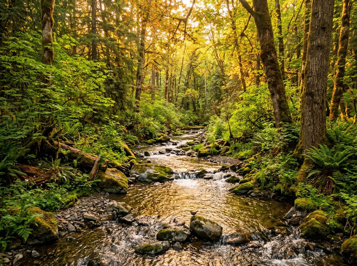 Forest creek flowing over rocks surrounded by green trees and plants