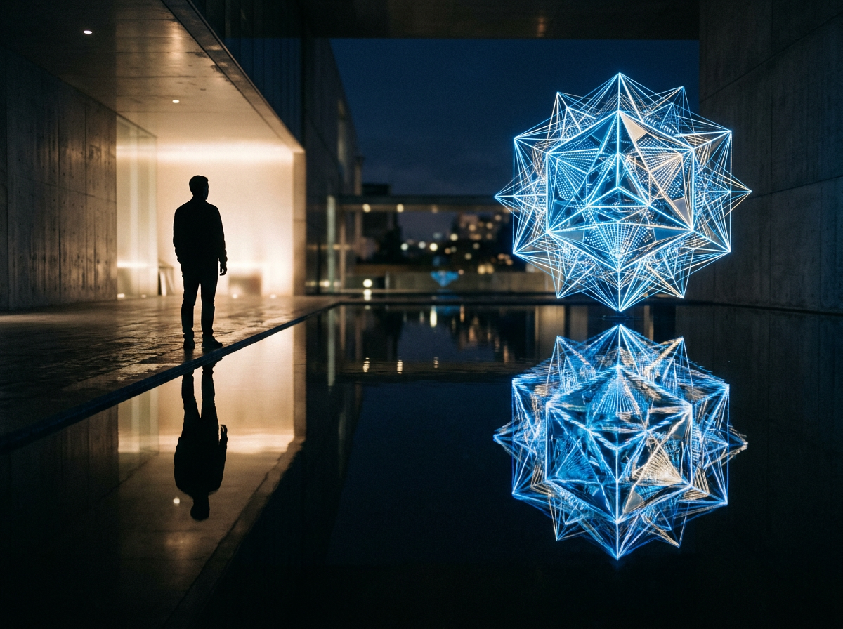 Silhouette of a person standing near a calm reflecting pool with a glowing blue geometric sculpture mirrored in the water at night.