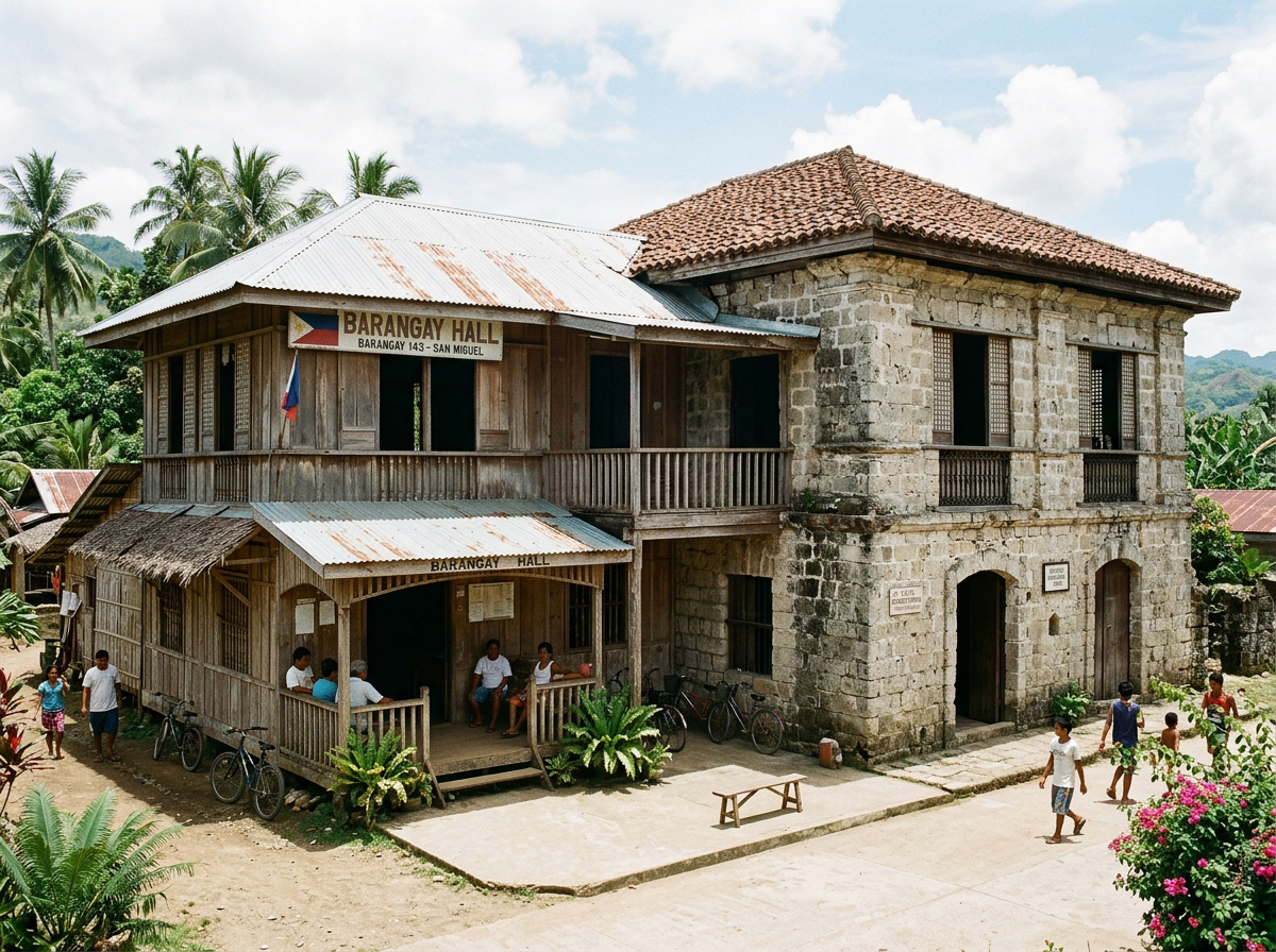 Wooden and stone barangay hall with residents sitting and walking nearby