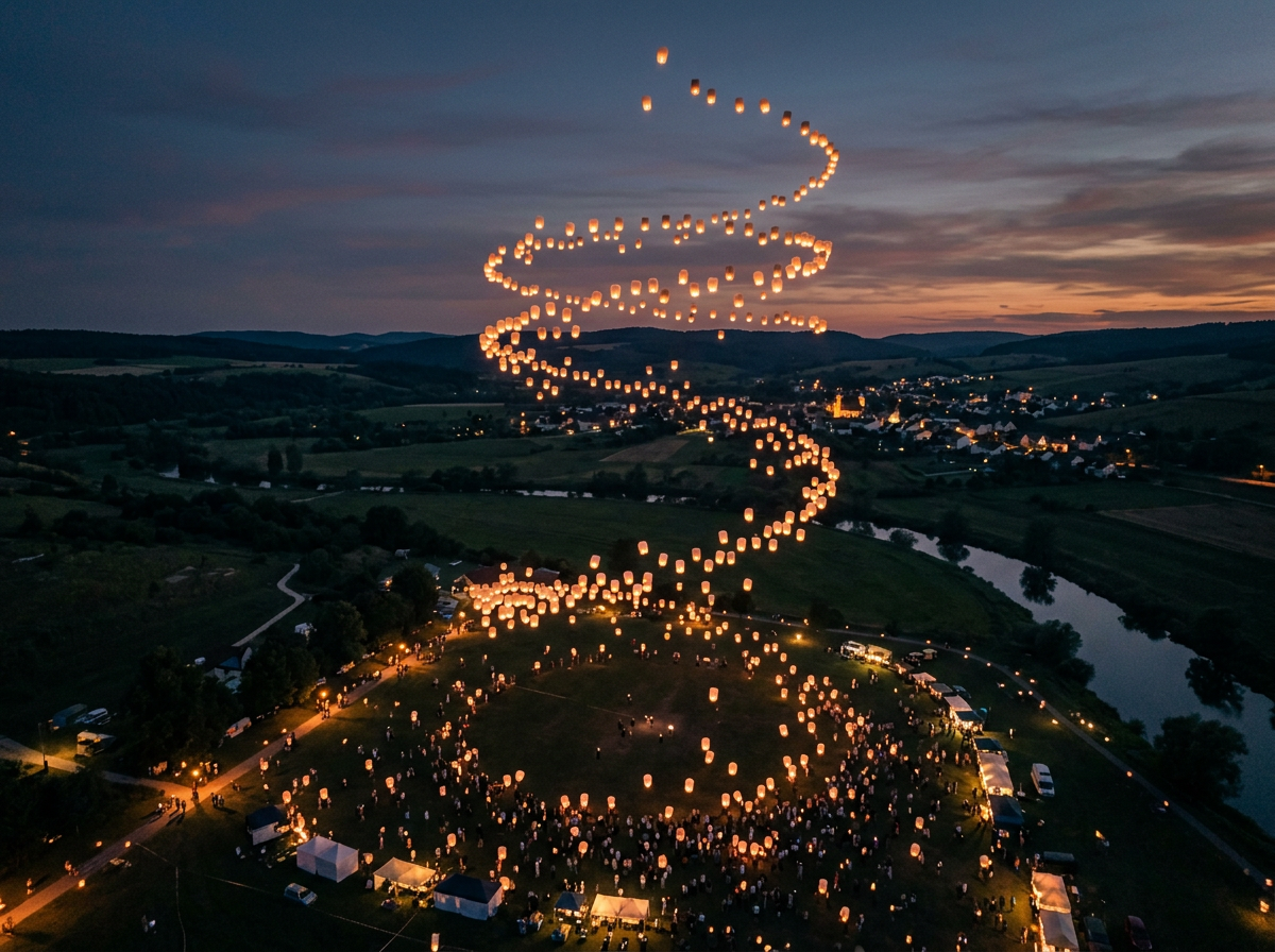 Glowing lanterns spiraling into night sky during outdoor event with crowd below