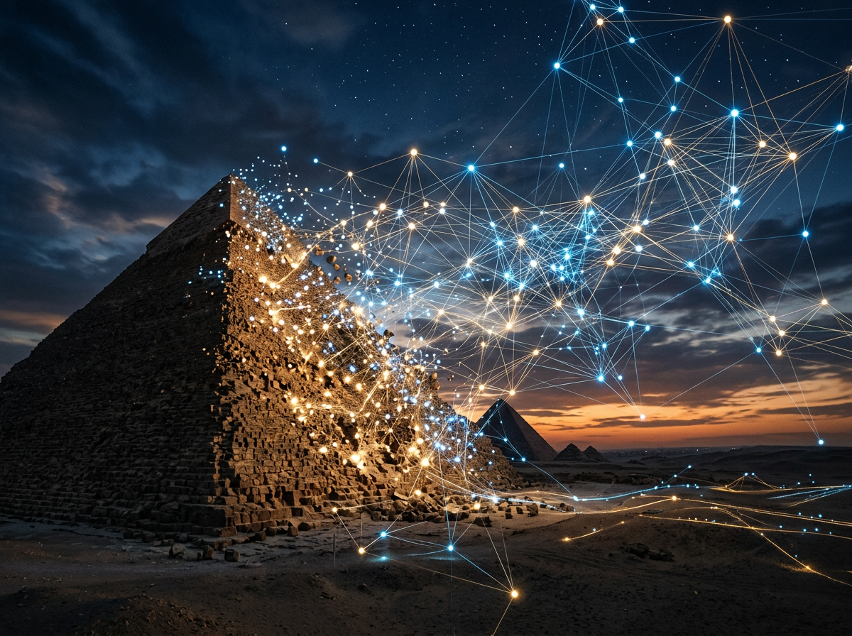 Ancient Egyptian pyramids with digital network points and lines overlay