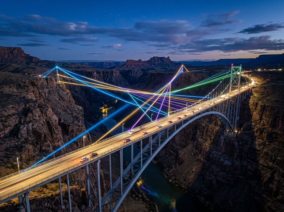 Steel arch bridge at dusk with colorful light beams extending over a canyon