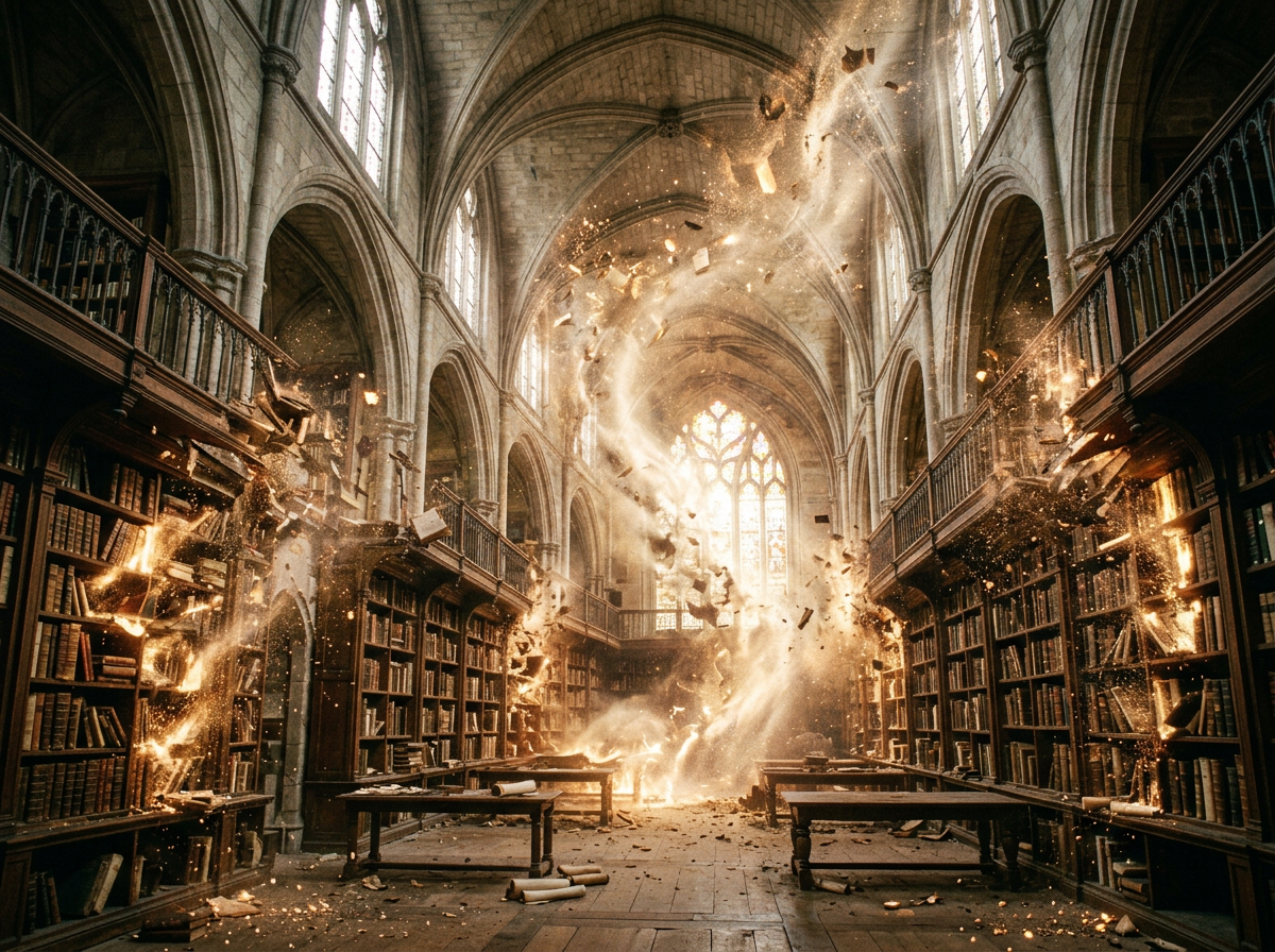 Whirlwind lifting books and debris inside a gothic-style library