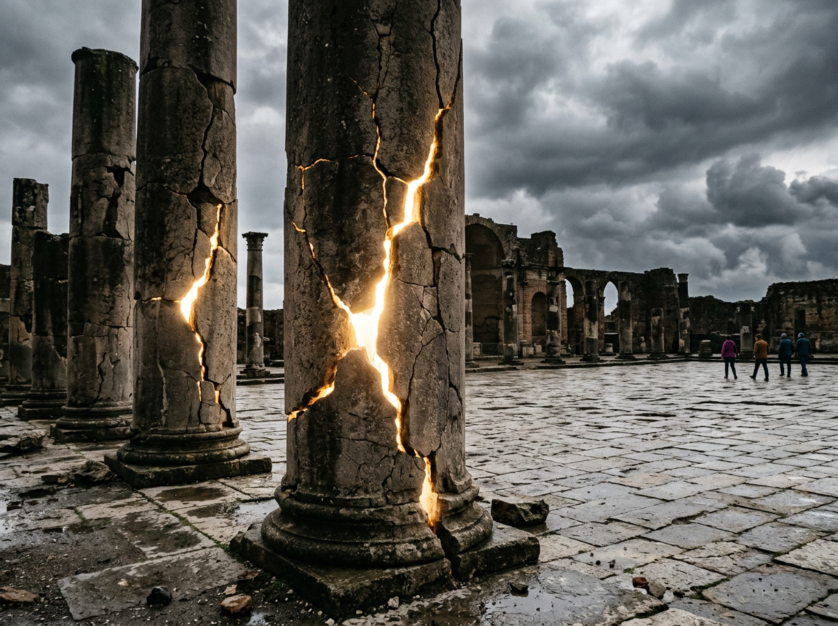 Ancient stone columns cracked and glowing with light in ruins