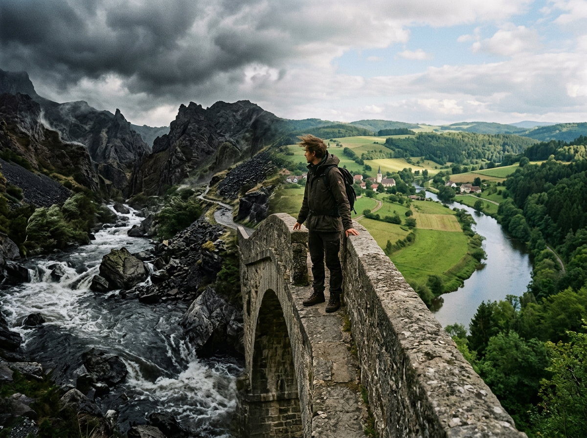 Person standing on a stone bridge between dark stormy mountains and bright green countryside