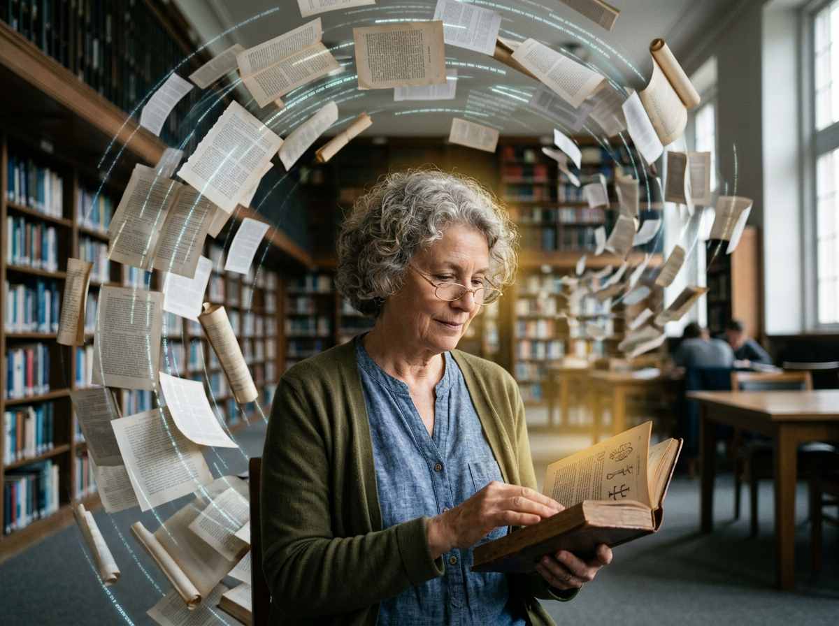 Elderly woman reading book in library surrounded by floating book pages
