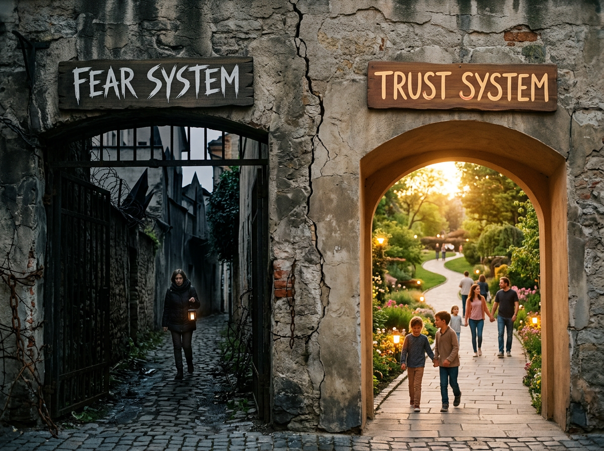 Two passageways labeled Fear System and Trust System with different environments and people