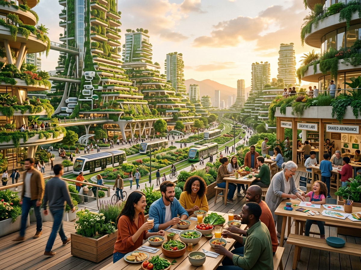 People dining and socializing in a futuristic green city with sustainable buildings and public transit