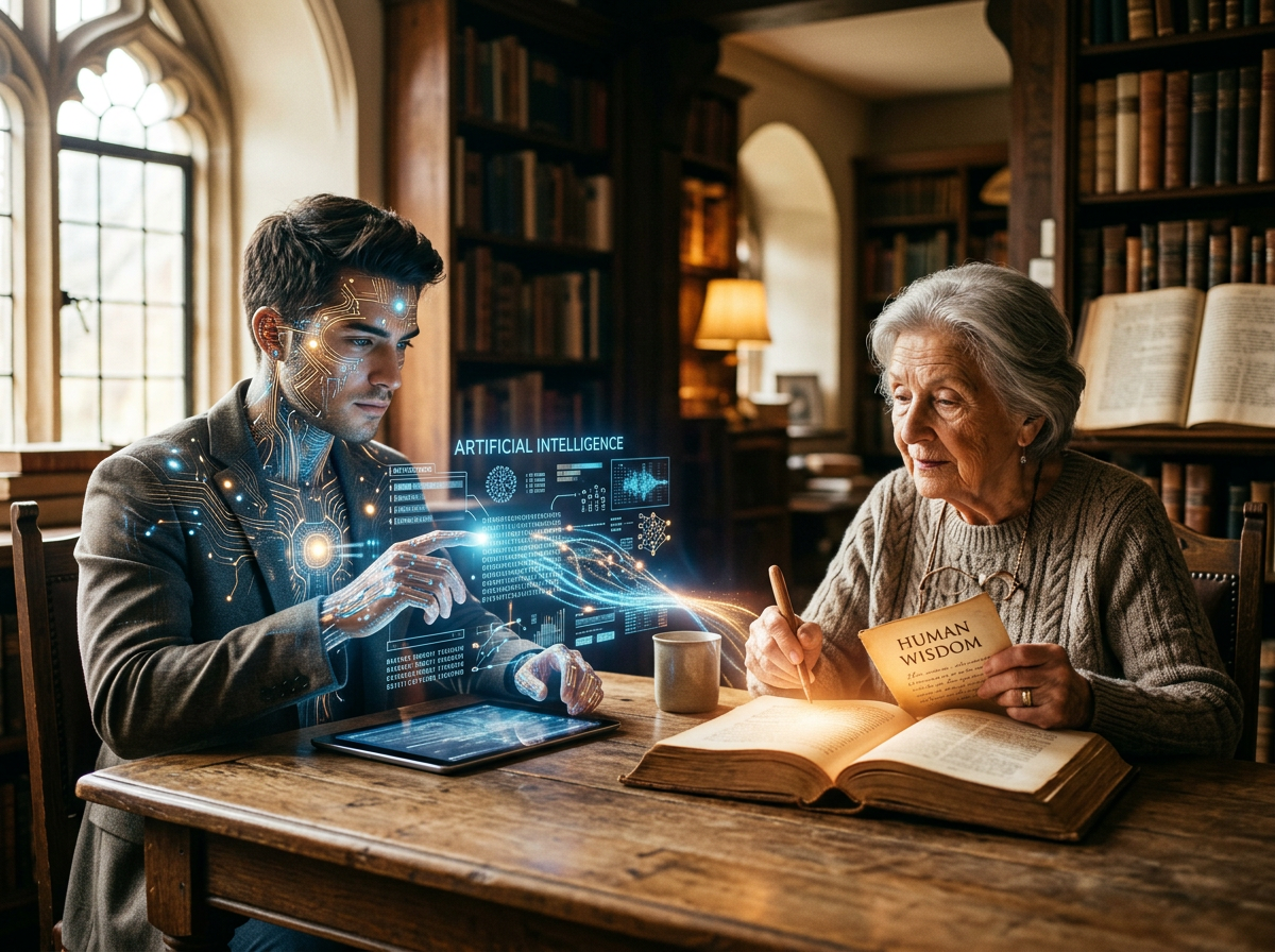 Young man with digital AI interface and elderly woman reading and writing in a library