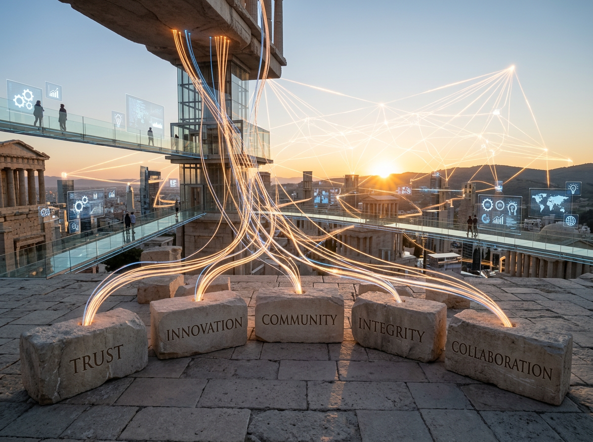 Stone blocks labeled trust, innovation, community, integrity, collaboration connected by glowing lines to futuristic city elements