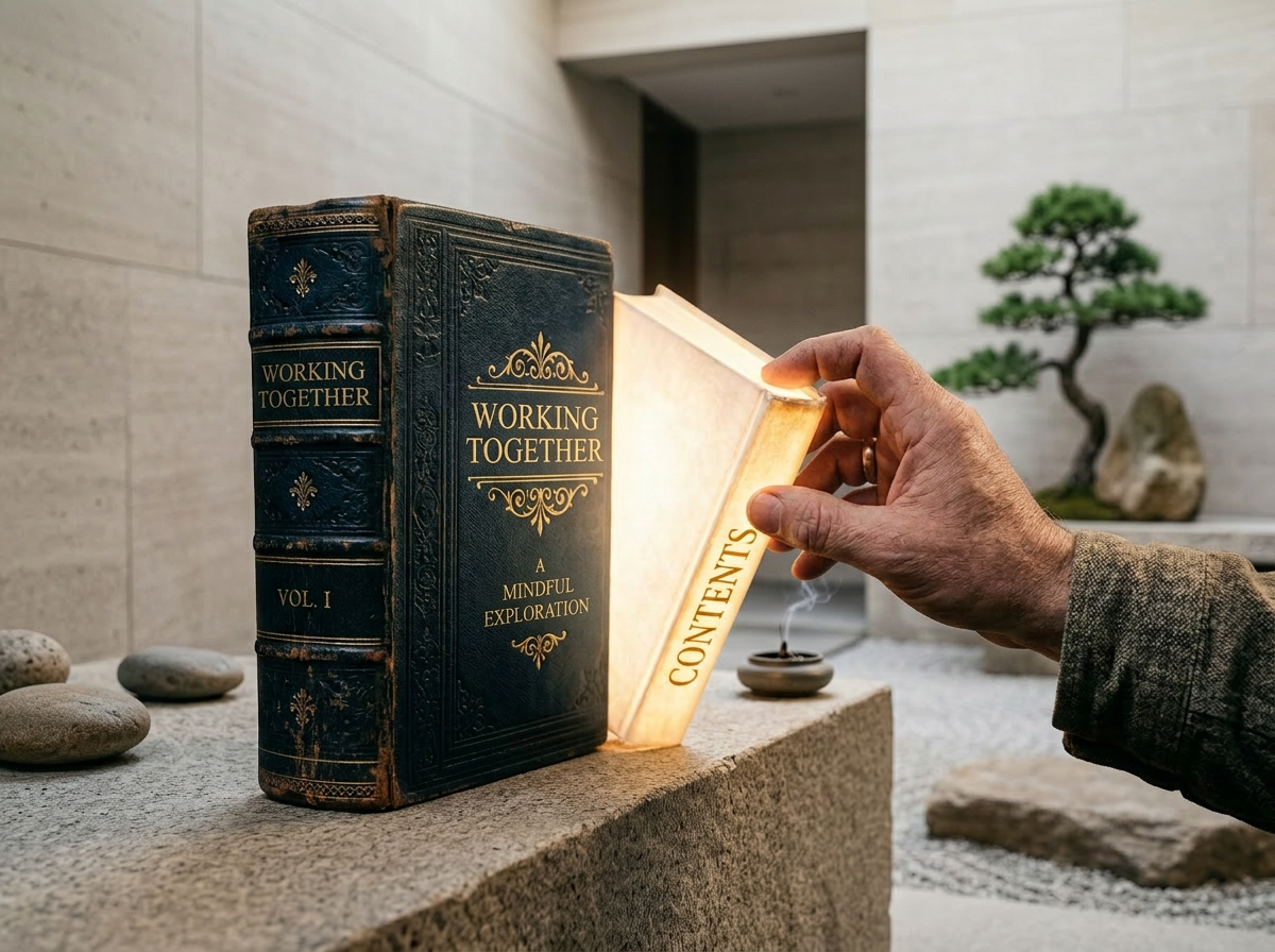 Hand opening a glowing hidden compartment labeled Contents inside an antique book titled Title
