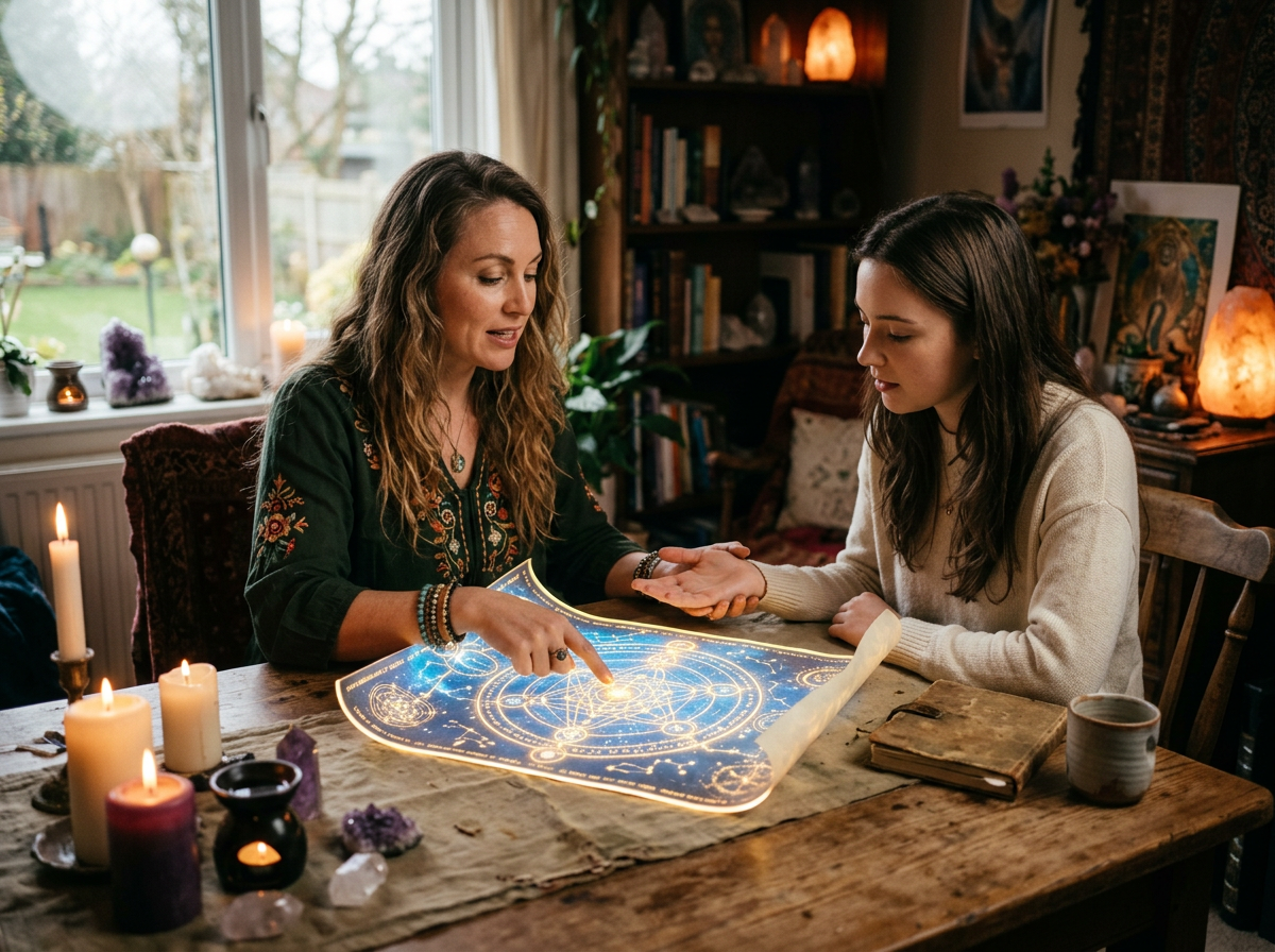 Two women at a table with a glowing mystical chart and lit candles, one reading the other's wrist