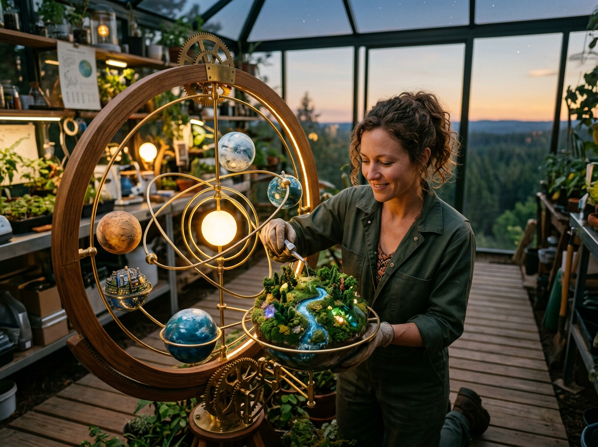 Woman tending a miniature landscape garden in a planetary model structure