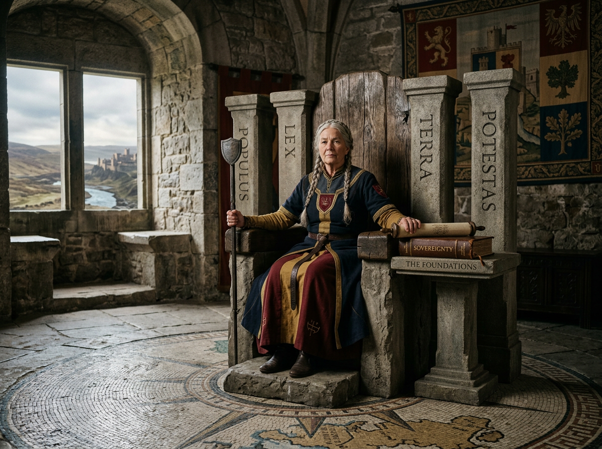 Elderly woman in medieval clothing seated on stone throne with pillars inscribed with Latin words and castle view outside
