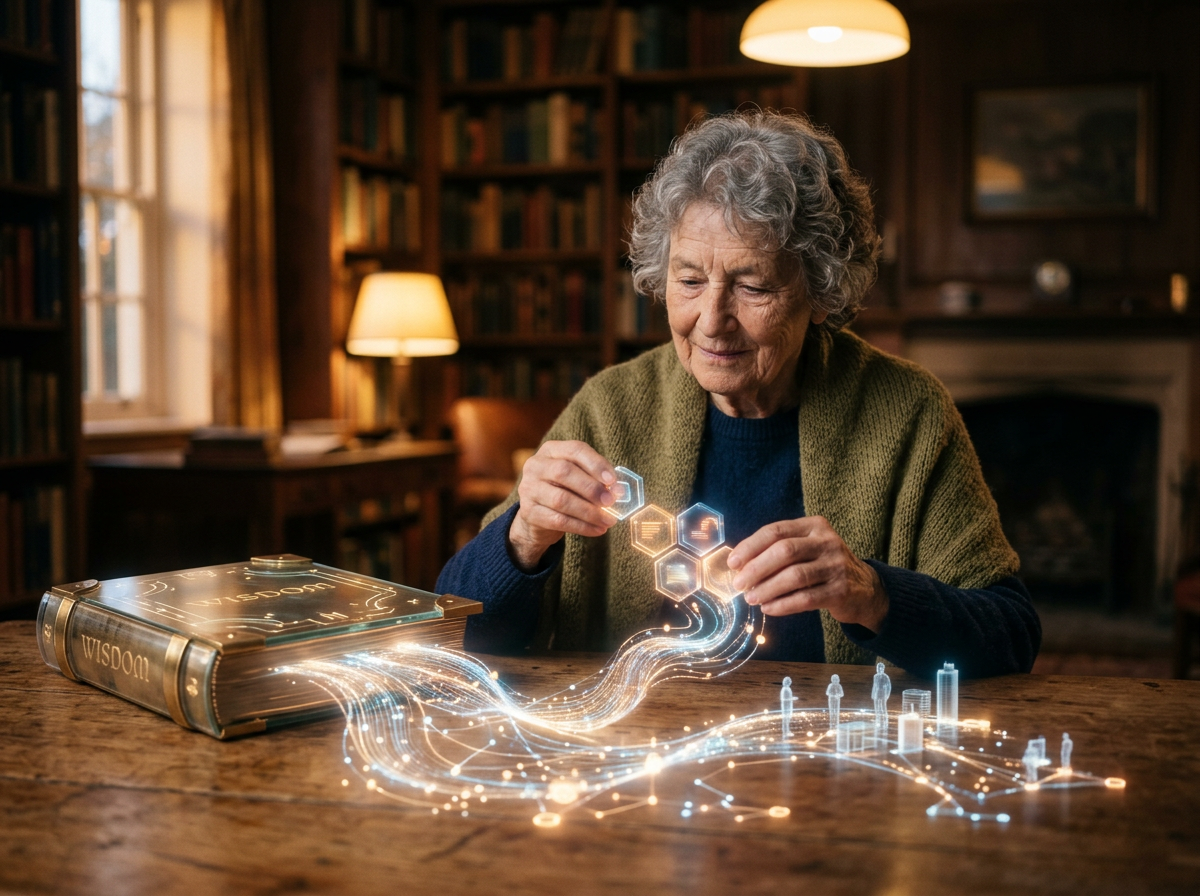 Older woman using digital interface emerging from a wisdom book